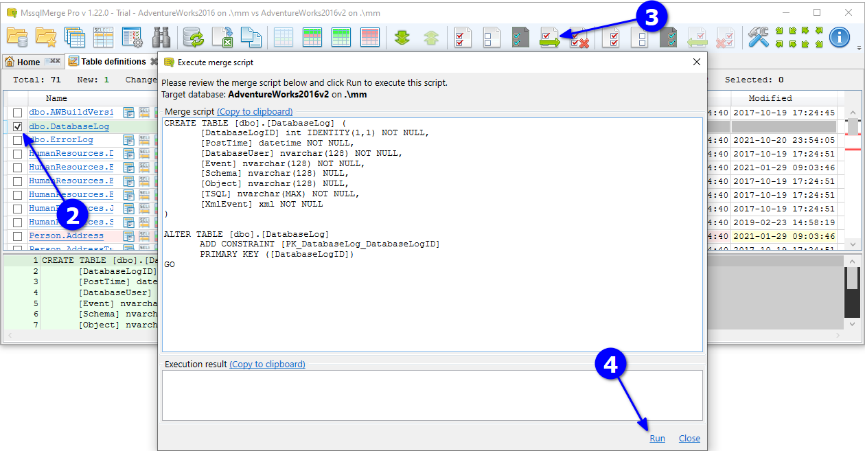 for SQL Server, object list select table click merge and run script