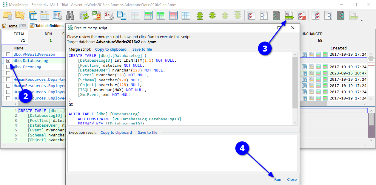 for SQL Server, object list select table click merge and run script