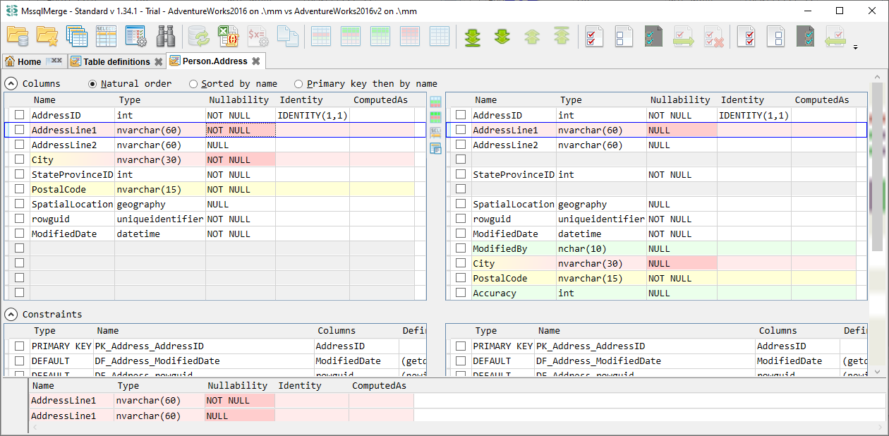 for SQL Server, table structure diff tab