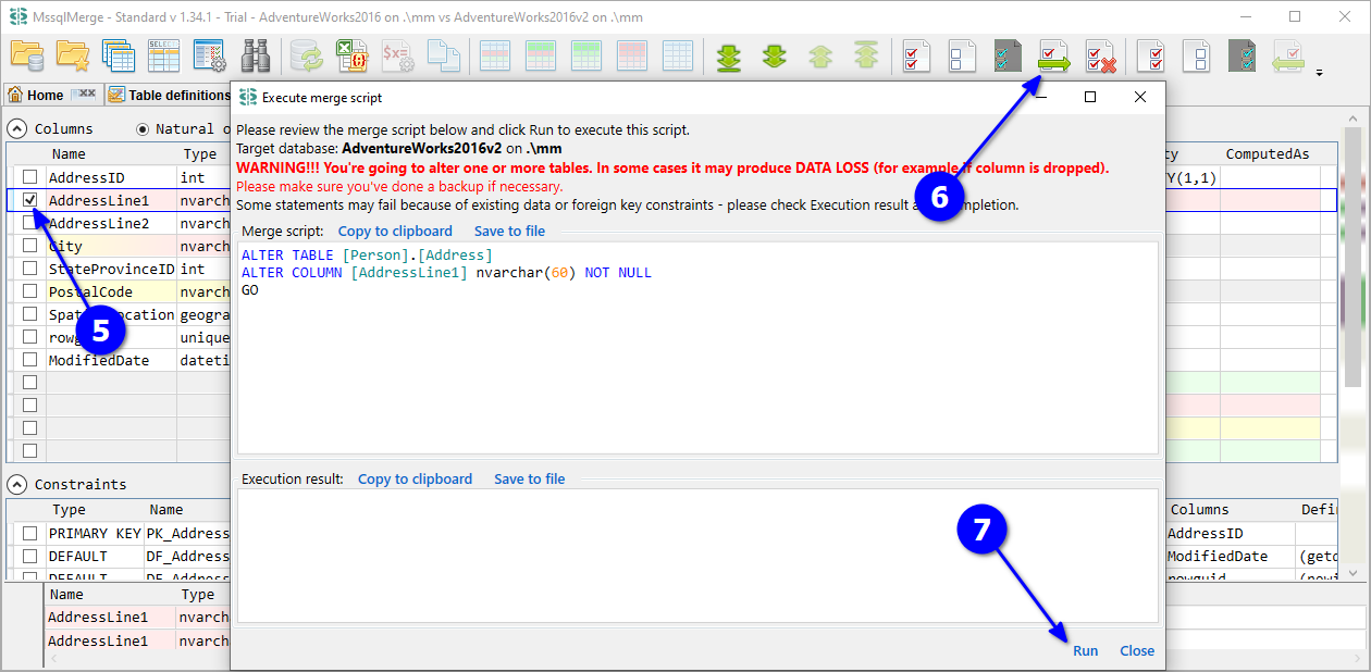 for SQL Server, table structure diff tab select columns and merge