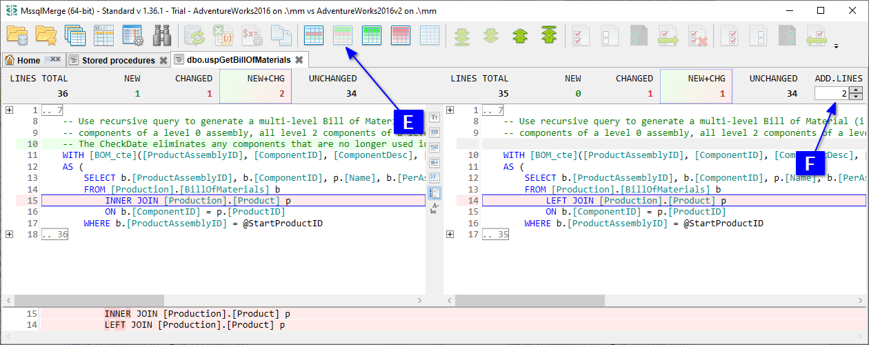 for SQL Server, Text diff tab with a changed stored procedure, show new and changed