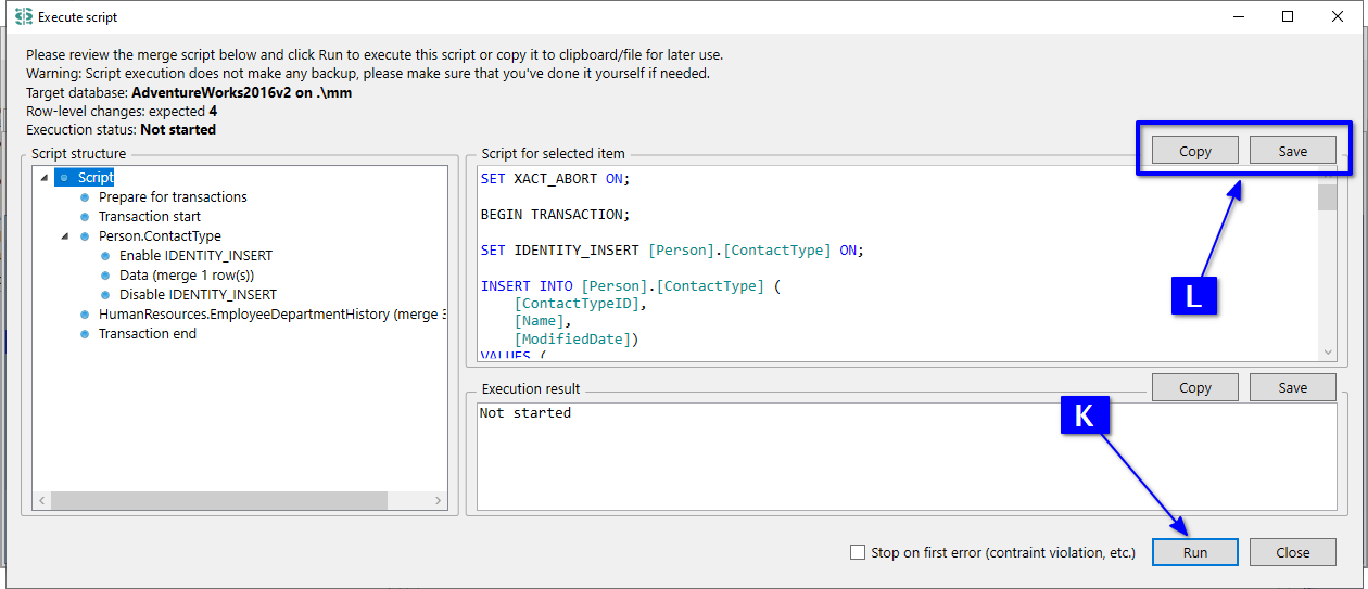 for SQL Server, Execute script dialog for batch data merge