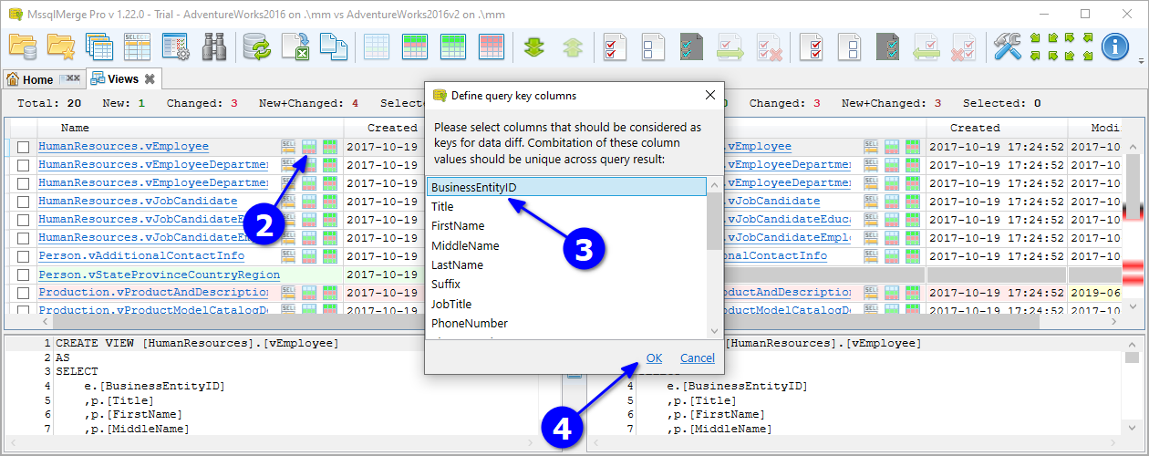 for SQL Server, object list click compare data and choose key