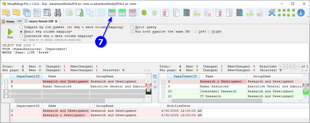 for SQL Server, query result diff can show new and changed