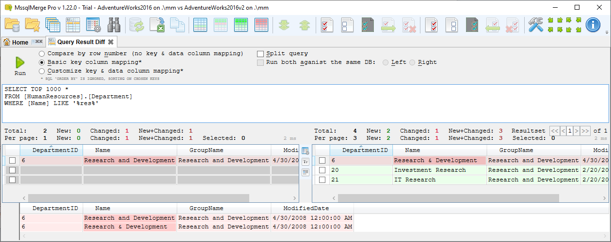 for SQL Server, query result diff new and changed records