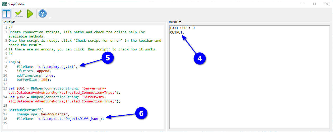 for SQL Server, check script editor result