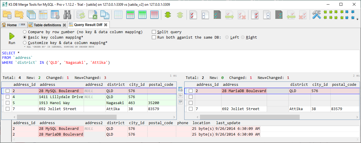 KS DB Merge Tools for MySQL - Compare ad-hoc query result