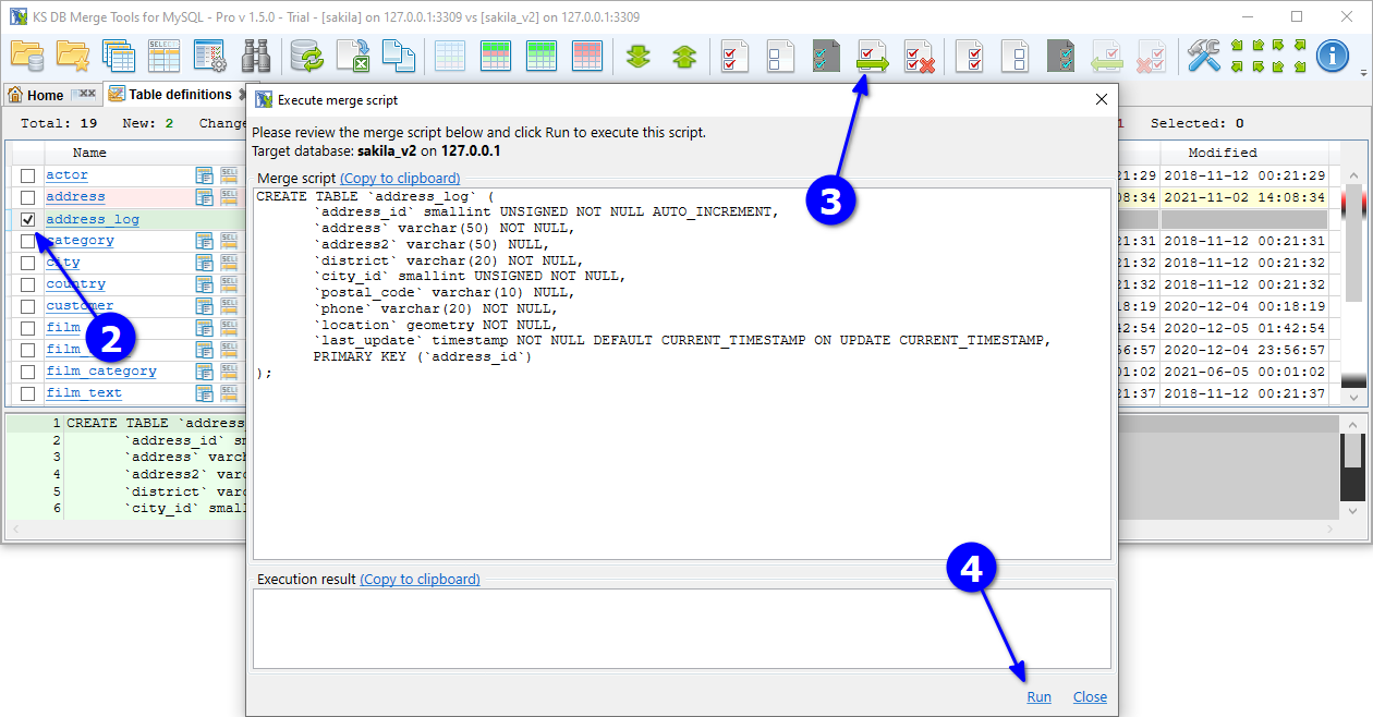 for MySQL, object list select table click merge and run script