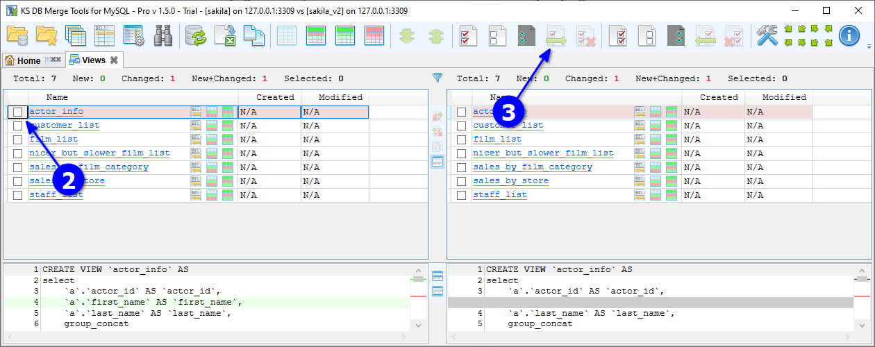 for MySQL, object list select view and click merge