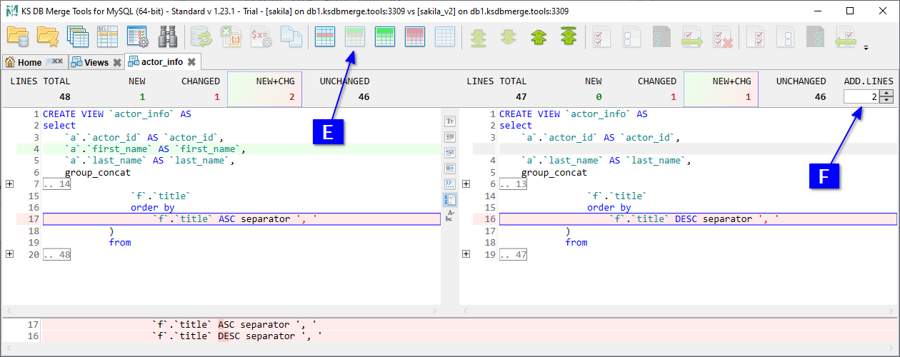 for MySQL, Text diff tab with a changed view, show new and changed