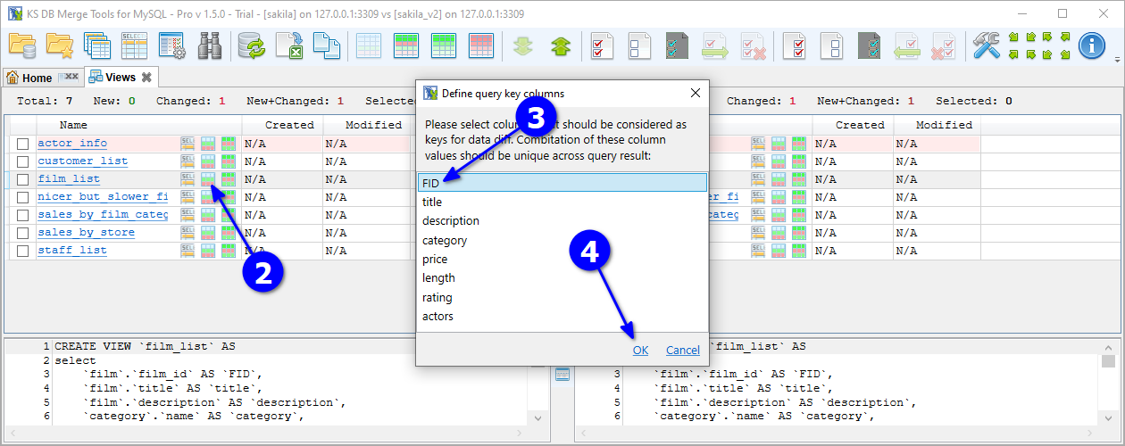 for MySQL, object list click compare data and choose key