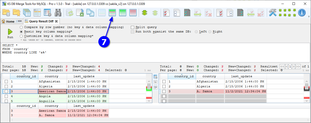 for MySQL, query result diff can show new and changed