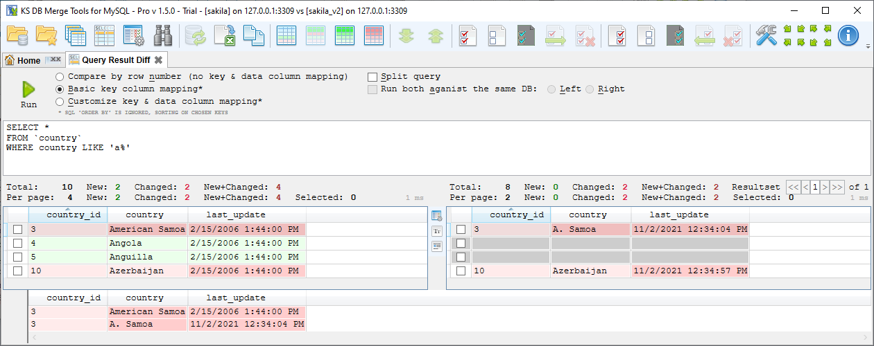 for MySQL, query result diff new and changed records