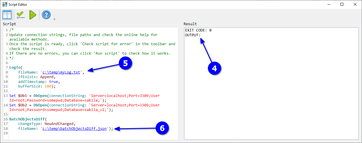 for MySQL, check script editor result