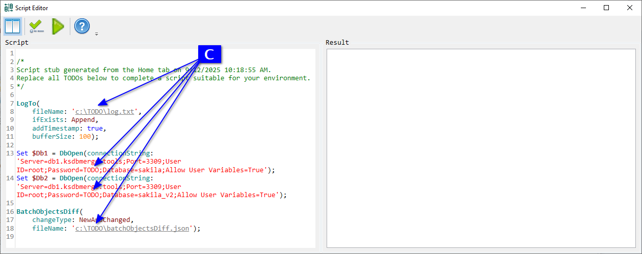 for MySQL, Script Editor with a script for our current GUI tab