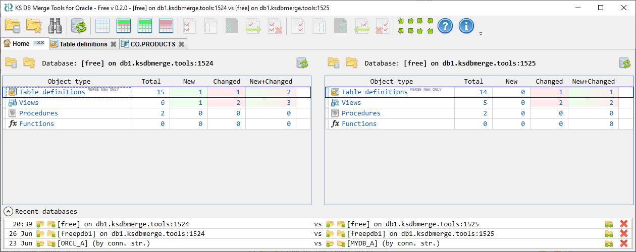 KS DB Merge Tools for Oracle - Schema changes summary