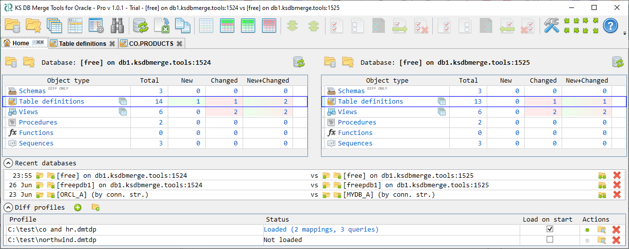 KS DB Merge Tools for Oracle - Schema changes summary