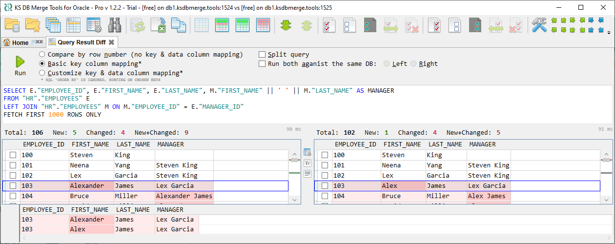 KS DB Merge Tools for Oracle - Compare ad-hoc query result