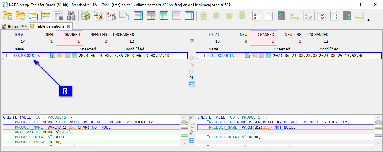 for Oracle, Object list tab with changed tables