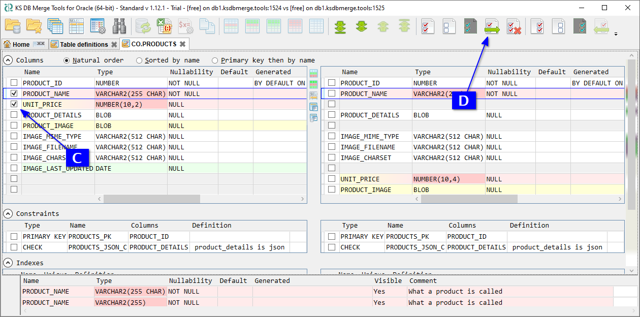for Oracle, Table structure diff tab