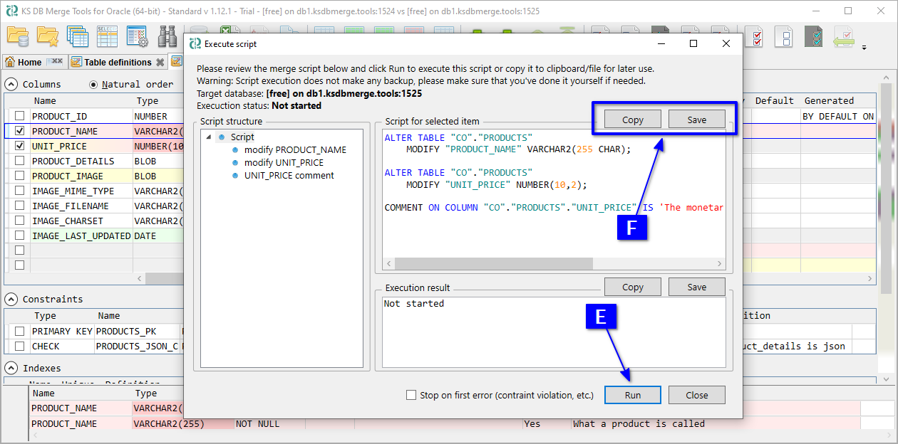 for Oracle, Execute script dialog with ALTER TABLE script