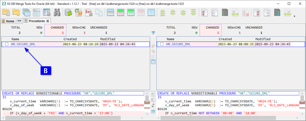 for Oracle, Object list tab with changed procedures