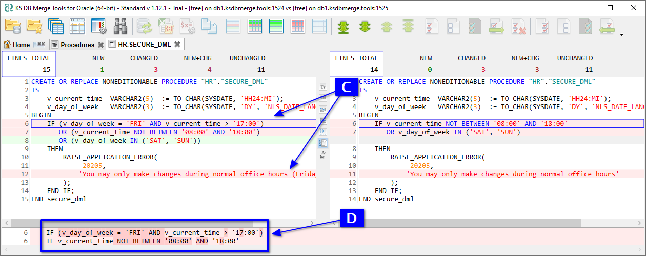 for Oracle, Text diff tab with a changed procedure