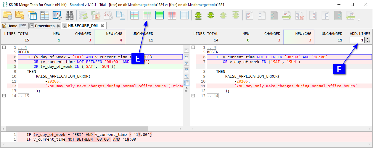 for Oracle, Text diff tab with a changed procedure, show new and changed