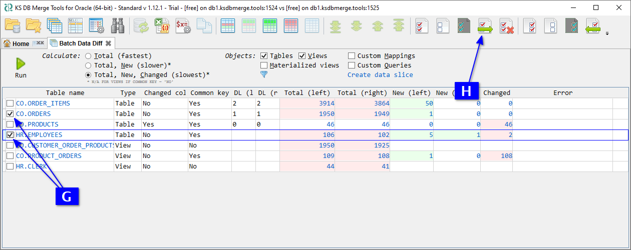 for Oracle, batch data diff - select tables and merge