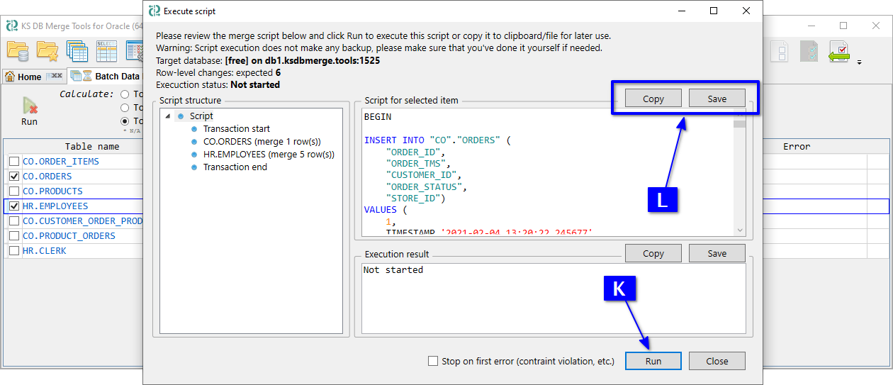 for Oracle, Execute script dialog for batch data merge