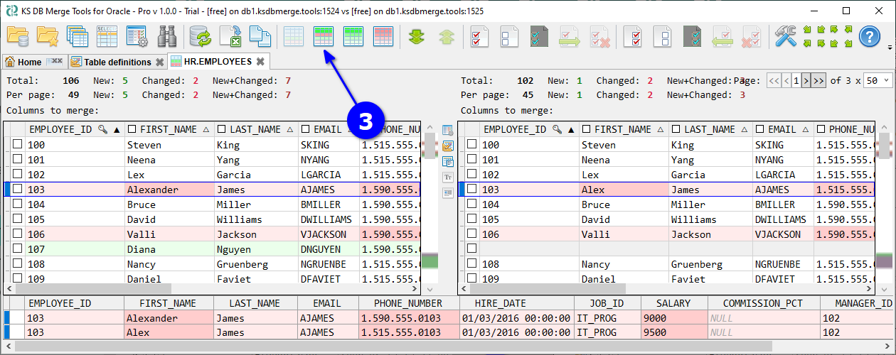 for Oracle, data diff can show new or changed