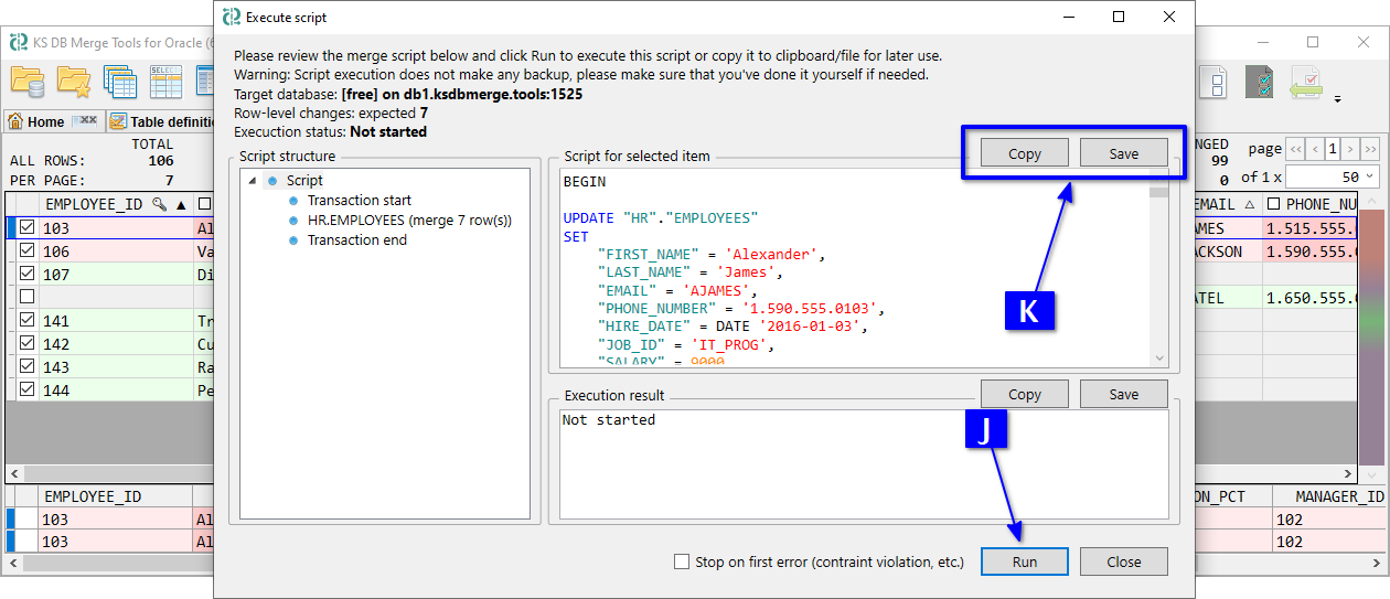 for Oracle, Execute script dialog with data merge script