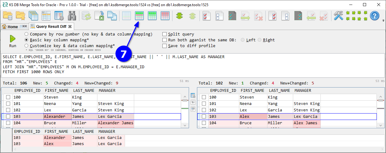 for Oracle, query result diff can show new and changed