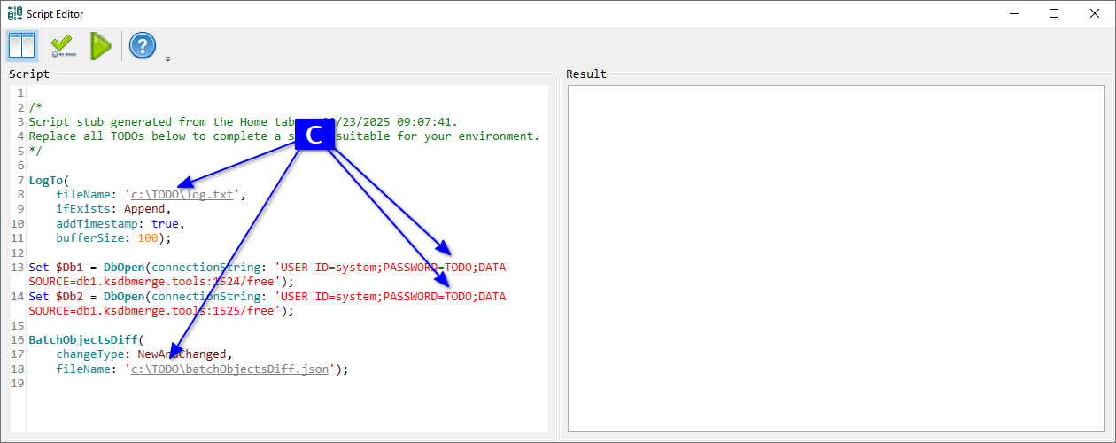 for Oracle, Script Editor with a script for our current GUI tab