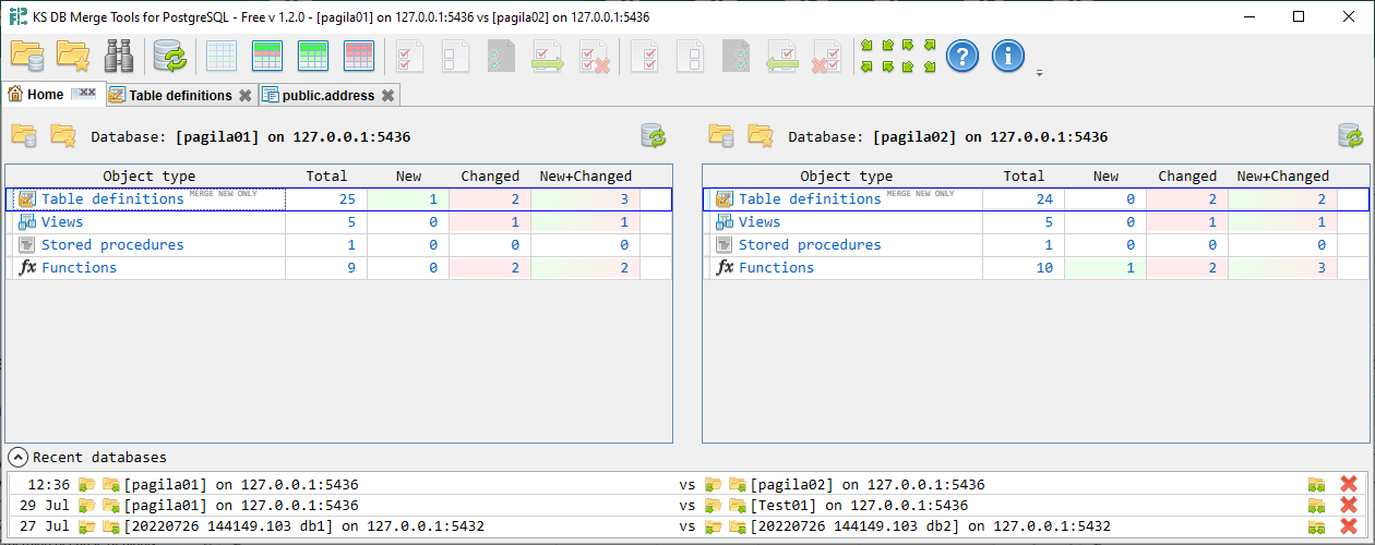 KS DB Merge Tools for PostgreSQL - Schema changes summary