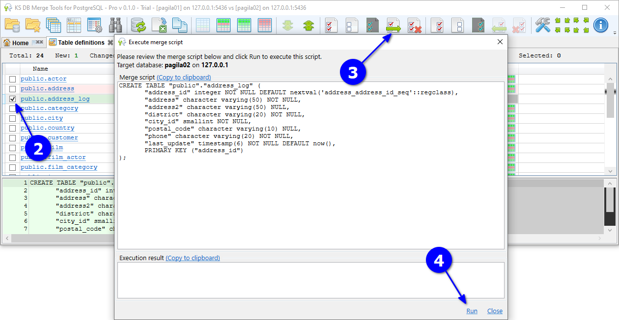 for PostgreSQL, object list select table click merge and run script