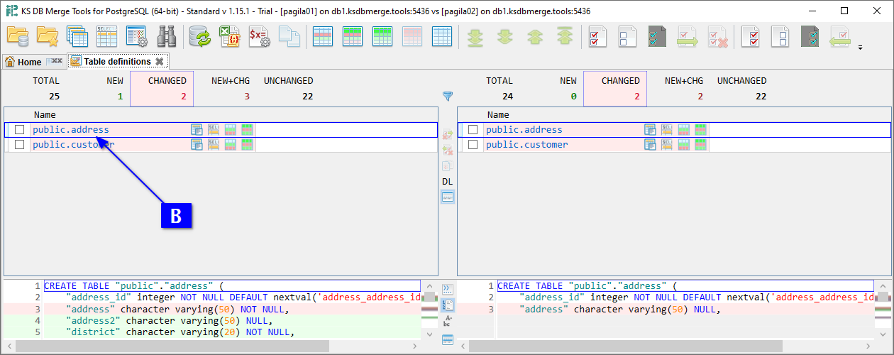 for PostgreSQL, Object list tab with changed tables