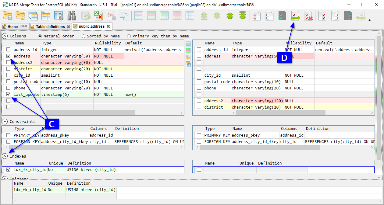 for PostgreSQL, Table structure diff tab