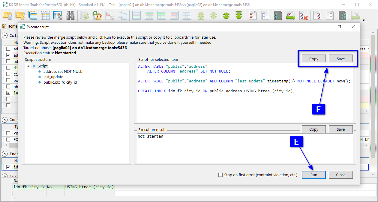 for PostgreSQL, Execute script dialog with ALTER TABLE script