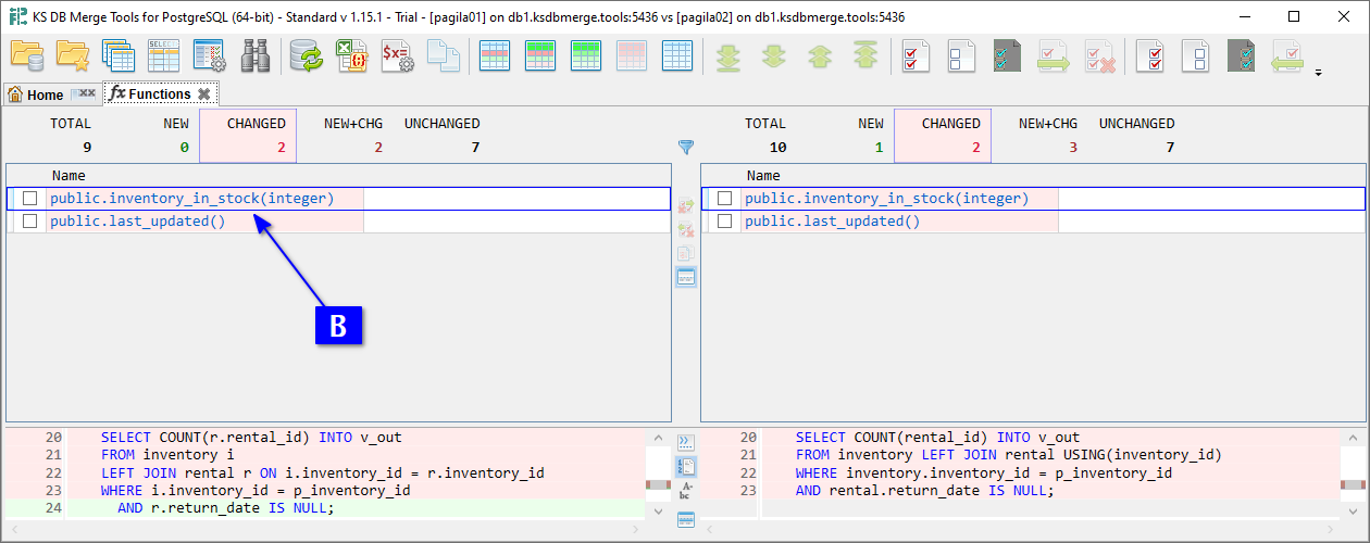 for PostgreSQL, Object list tab with changed functions