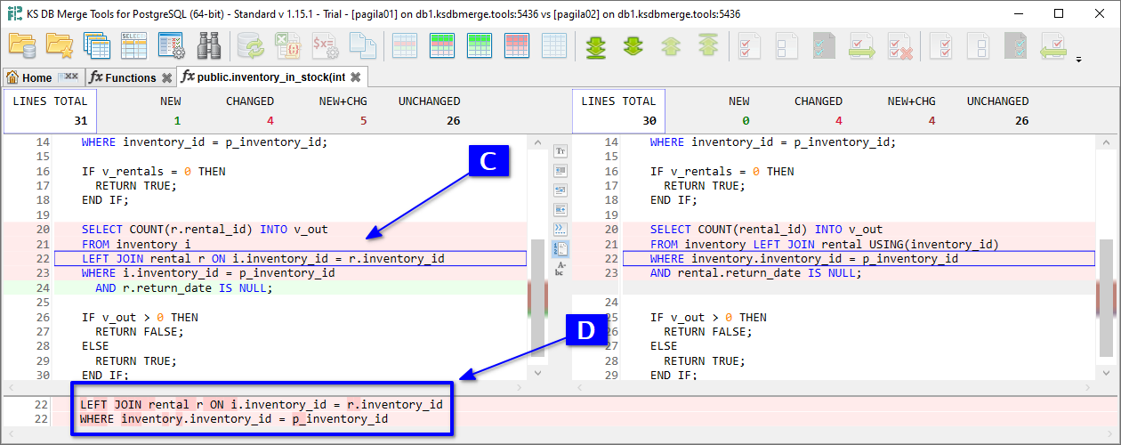 for PostgreSQL, Text diff tab with a changed function