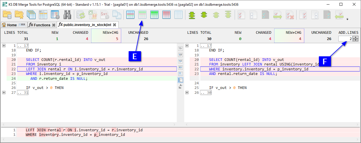 for PostgreSQL, Text diff tab with a changed function, show new and changed