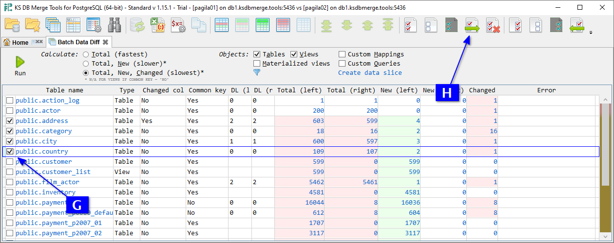 for PostgreSQL, batch data diff - select tables and merge
