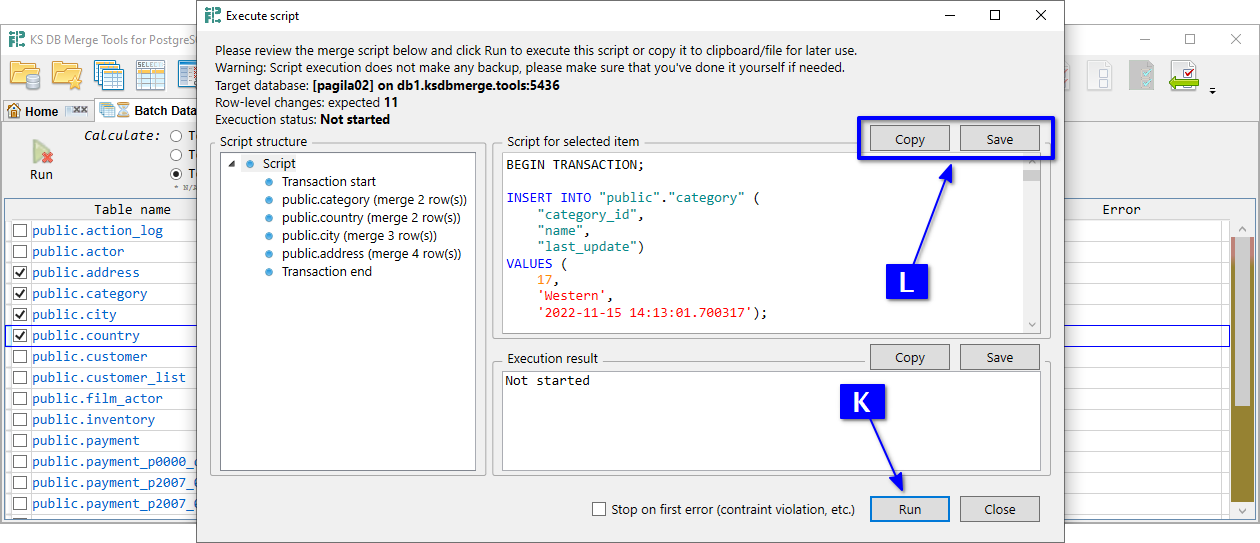 for PostgreSQL, Execute script dialog for batch data merge