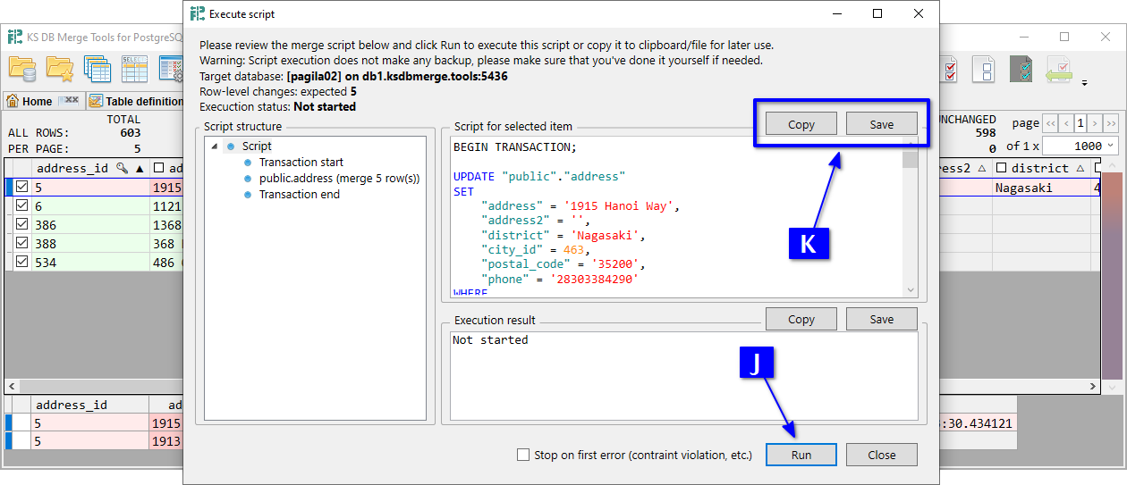 for PostgreSQL, Execute script dialog with data merge script