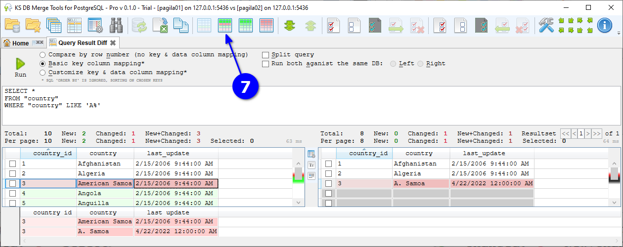 for PostgreSQL, query result diff can show new and changed