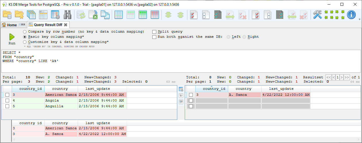 for PostgreSQL, query result diff new and changed records