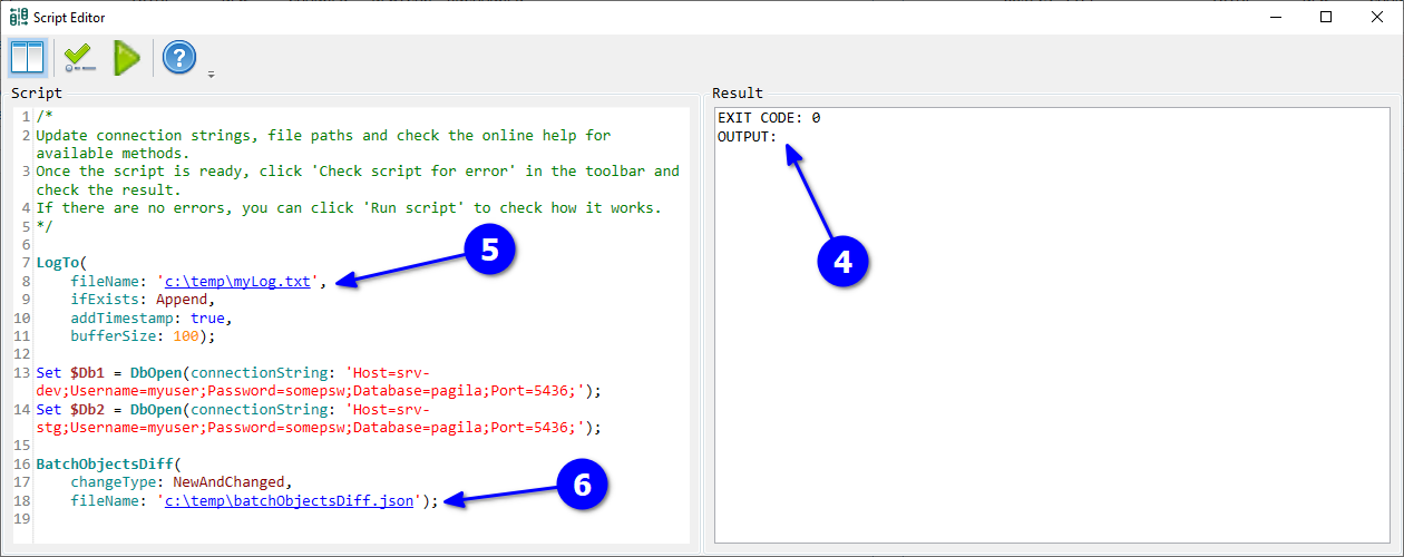 for PostgreSQL, check script editor result