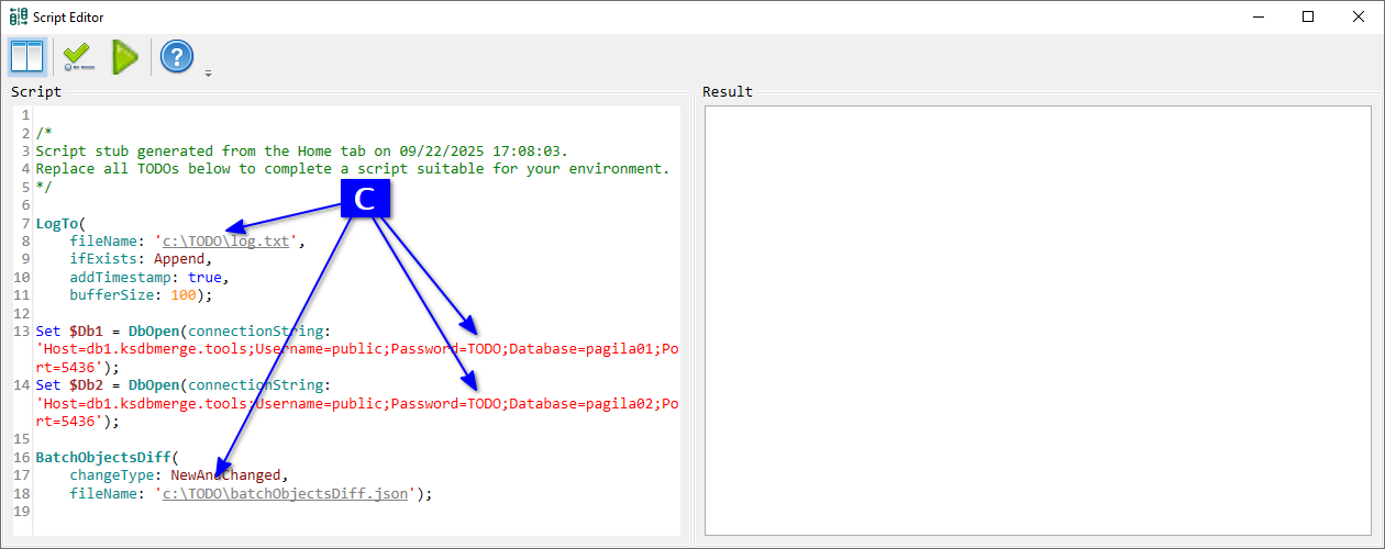 for PostgreSQL, Script Editor with a script for our current GUI tab