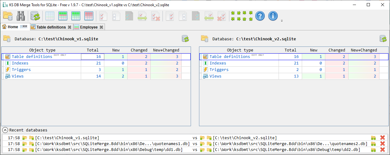 KS DB Merge Tools for SQLite - Schema changes summary